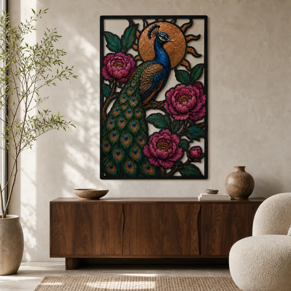 Peacock with Pink Peonies and Copper Sun Colorful Metal Wall Art