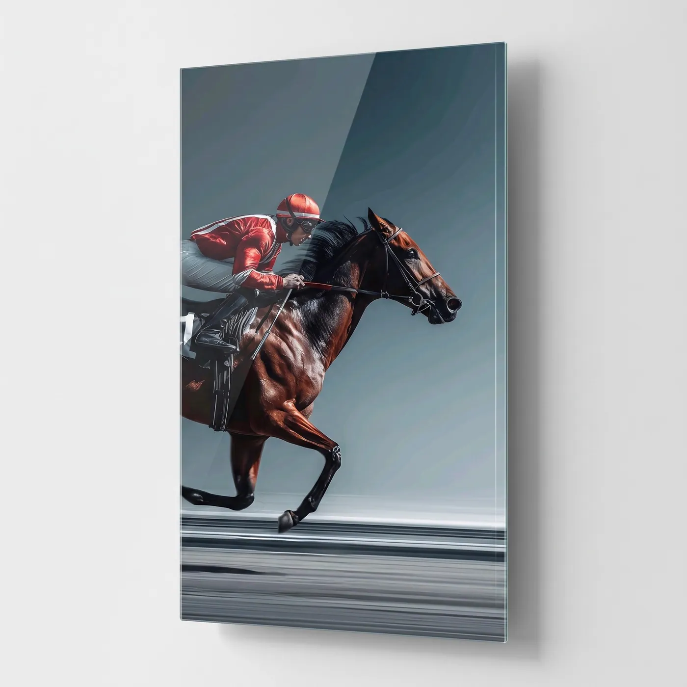 Galloping Race Horse Jockey Vertical Glass Wall Art glass wall art