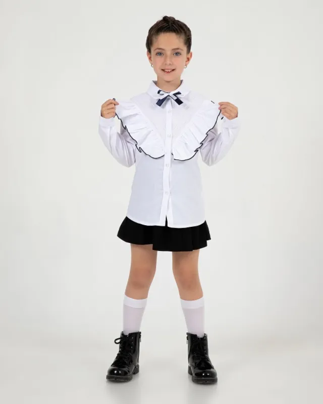 Büşra Bebe Girls’ White Diagonal-Pintuck School Shirt 24210