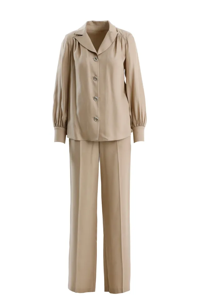Two-Piece Shirt and Trousers Set, Beige