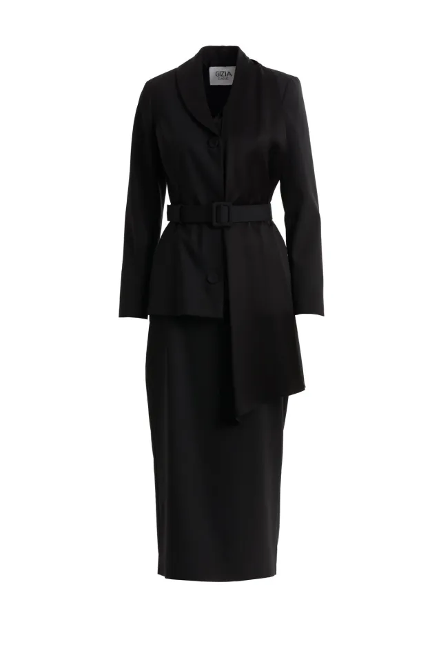 Shawl Collar Detail Jacket and Pencil Skirt Black Set