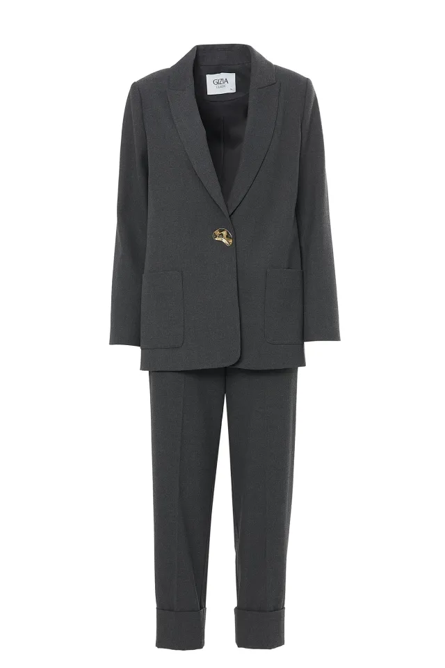 Metal-Button Double-Hem Elastic-Waist Trousers Set