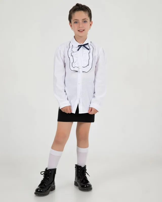 Büşra Bebe Girls’ White Front-Ruffle School Shirt 24202