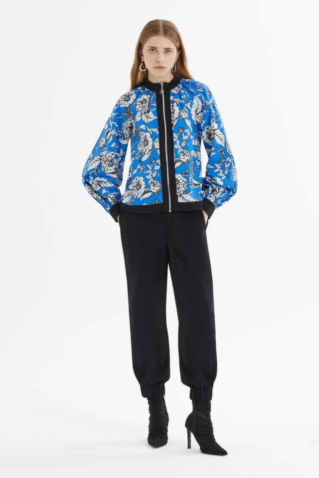 Front Zippered Floral Pattern Blouse and Carrot Pants Set