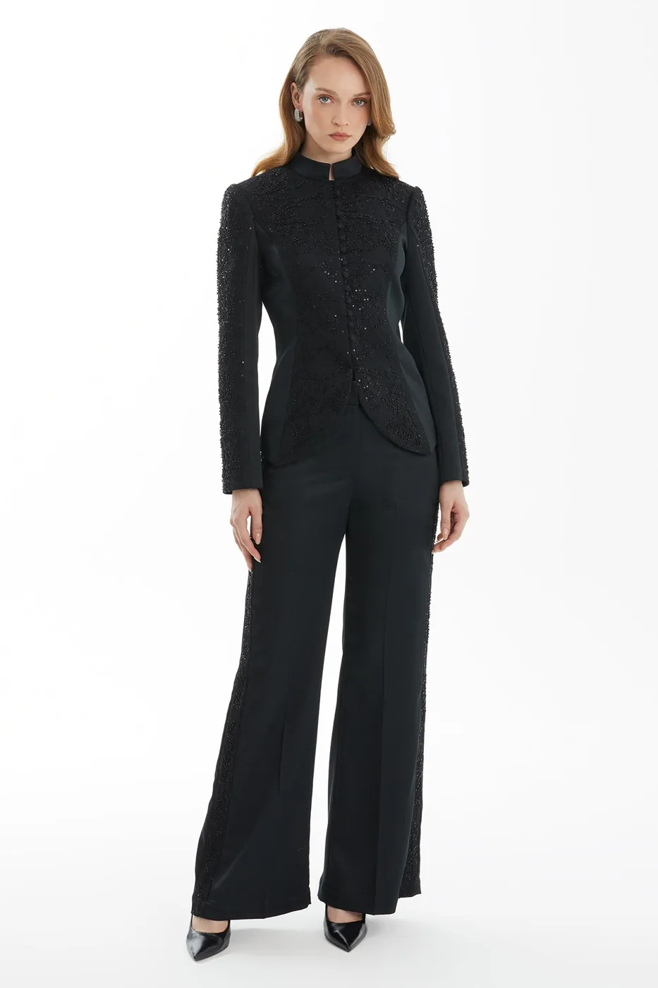 Black Jacket And Pants Set With Lace Detail
