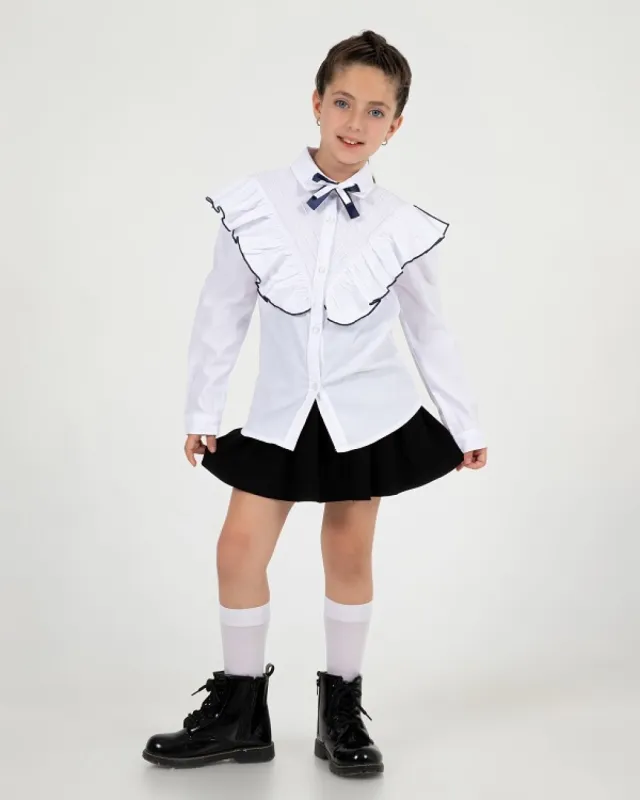 Büşra Bebe Girls’ White Diagonal-Pintuck School Shirt 24209