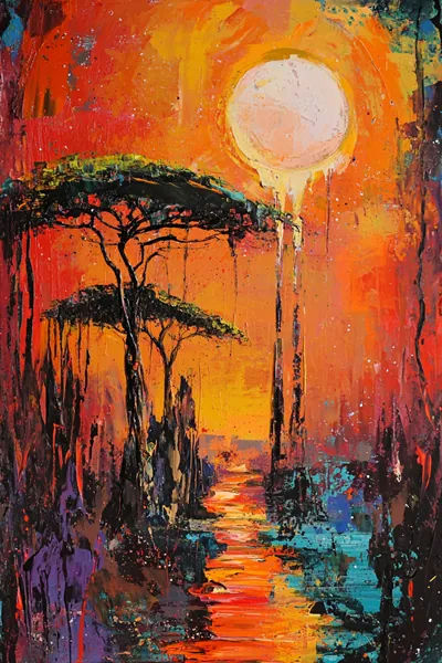 Yagli Boya Afrika Gun Batimi Akasya Agaclari Canvas Tablo canvas wall art