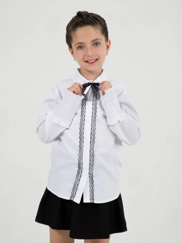 Büşra Bebe Girls’ White Smocked-Cuff School Shirt 24222