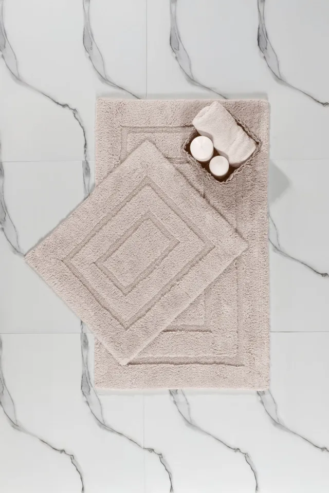 Elart Solid Cotton Bath Rug Mat Set 2-Piece (60x100 cm) Beige