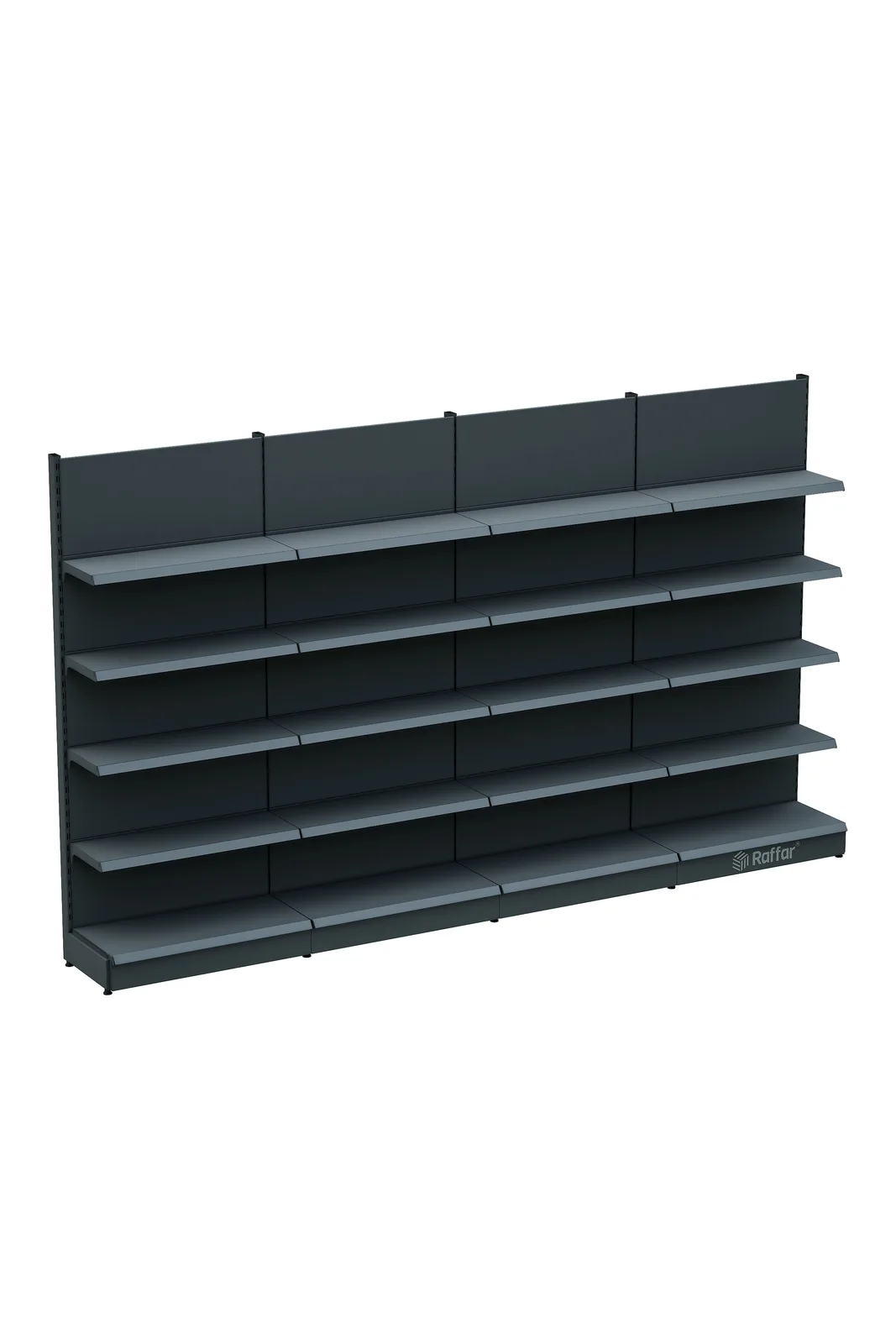رف حائط سوبرماركت بقاعدة – 5 طوابق أنثراسيت، 4 وحدات – W360 × H220 × D30/40 cm