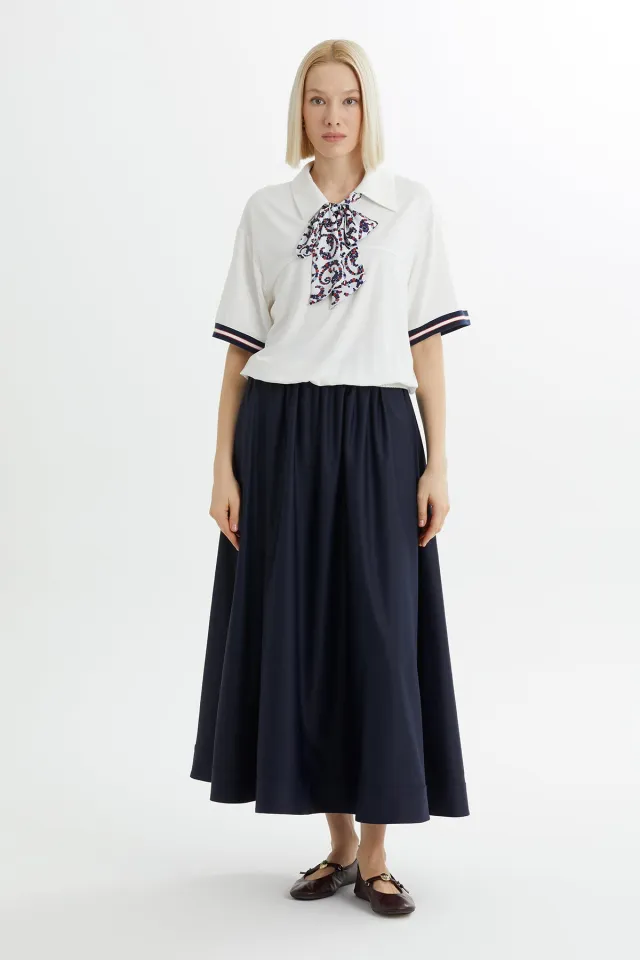 Scarf-Detail Collar Blouse and Skirt Ecru Set