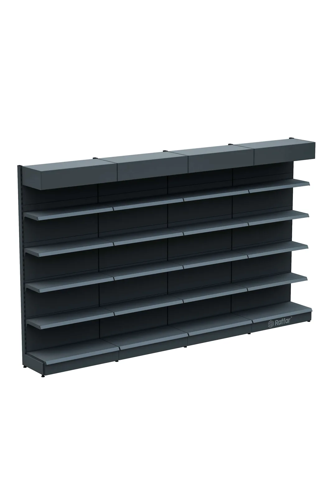 رف حائط سوبرماركت مع غطاء علوي وقاعدة – 5 طوابق أنثراسيت، 4 وحدات – W360 × H220 × D30/40 cm