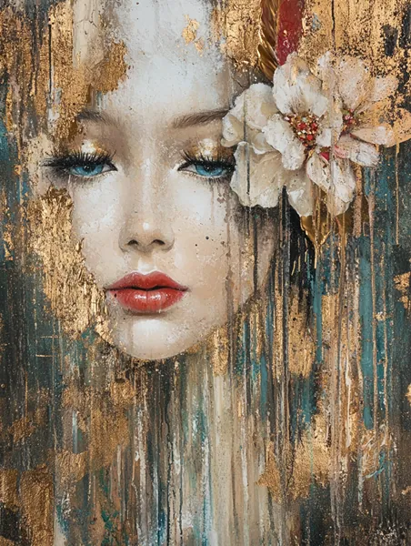 Yagli Boya Altin Detayli Gozlu Kadin Portresi Canvas Tablo canvas wall art