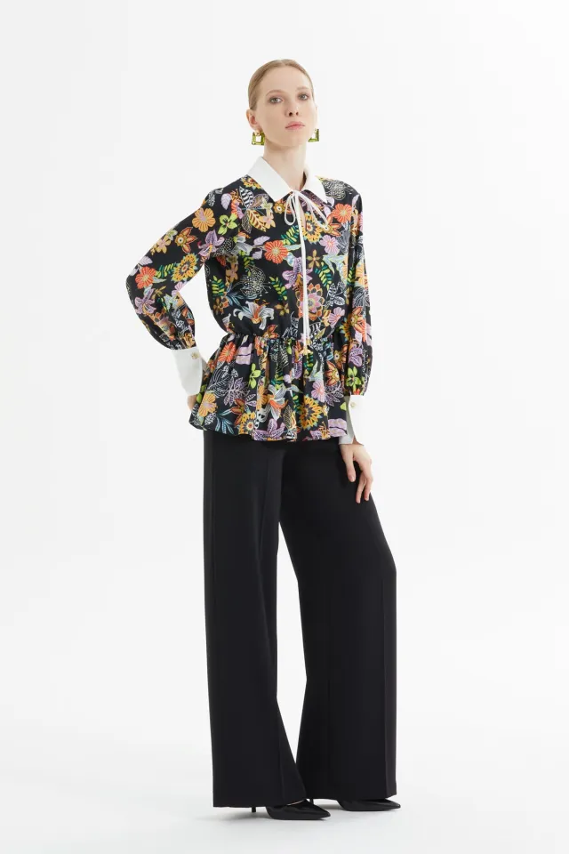 Bow Detail Patterned Blouse and Trousers Set
