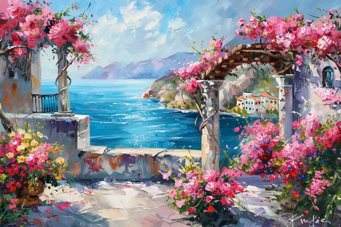 Yagli Boya Ege Kiyisi Pembe Begonviller Canvas Tablo canvas wall art