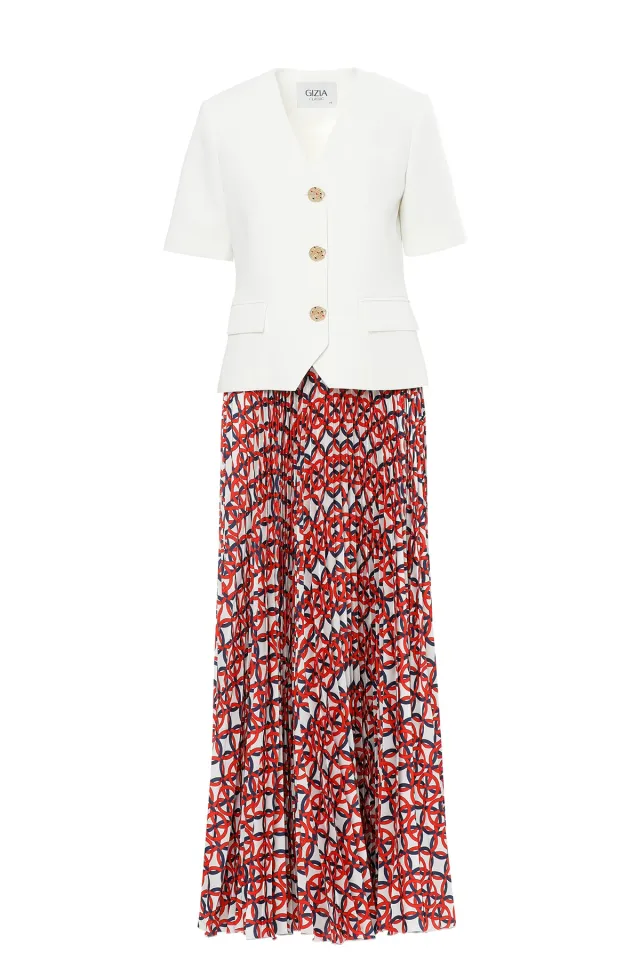 Half-Sleeve Jacket and Pleated-Skirt Set