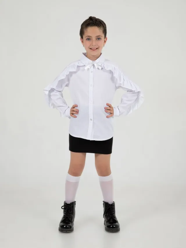 Büşra Bebe Girls’ White Cross-Ruffle Sleeve School Shirt 24211