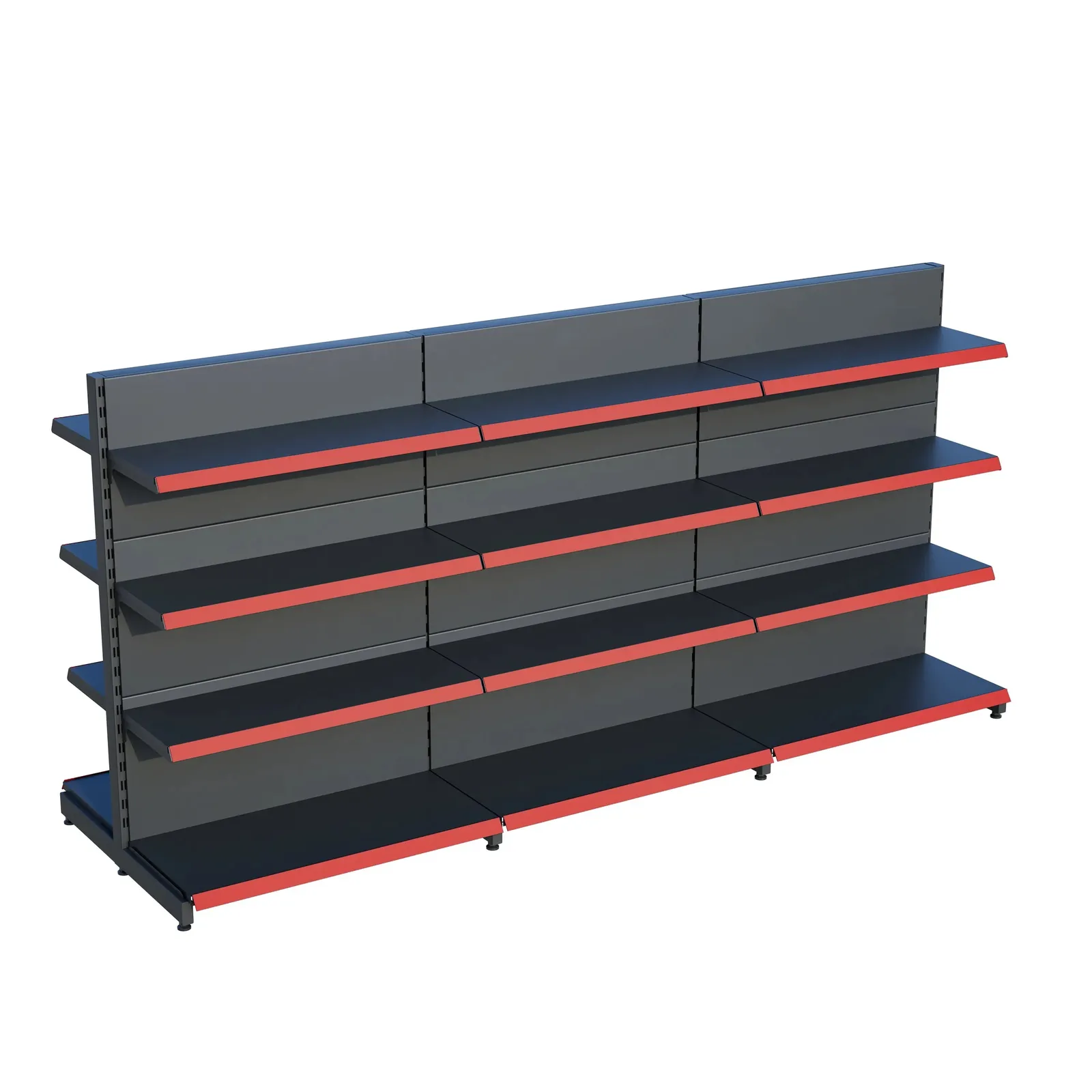 رف ممر أوسط مزدوج الوجه للسوبرماركت – 4 طوابق أنثراسيت، 3 وحدات – W270 × H140 × D30/40 cm