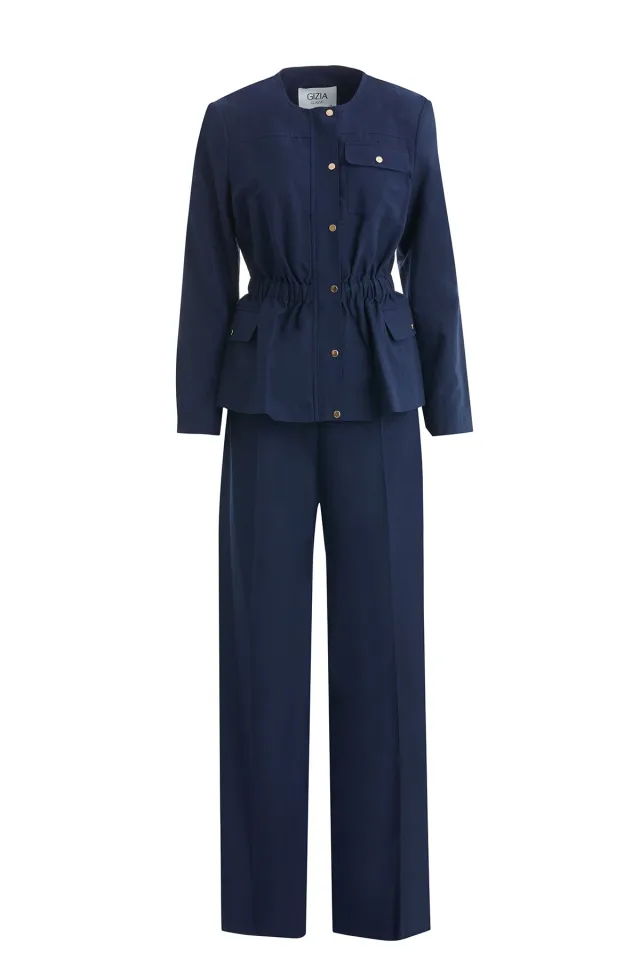 Navy Set with Jacket and Piped-Hem Trousers