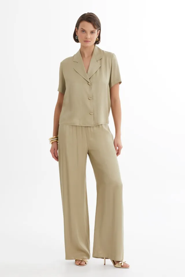 Satin Shirt and Trousers Beige Set