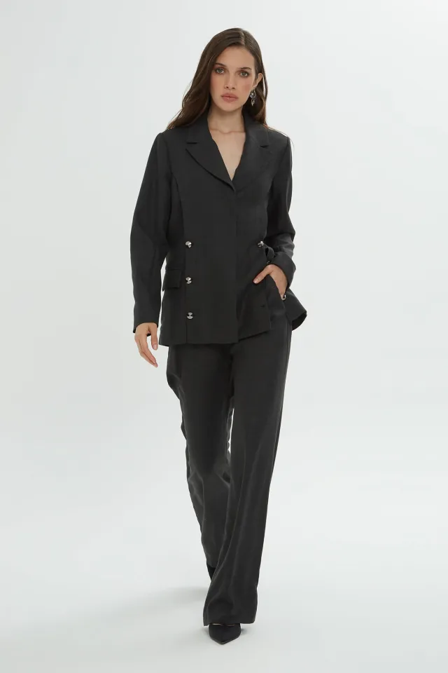 Front Pocket Button Detail Trousers Set
