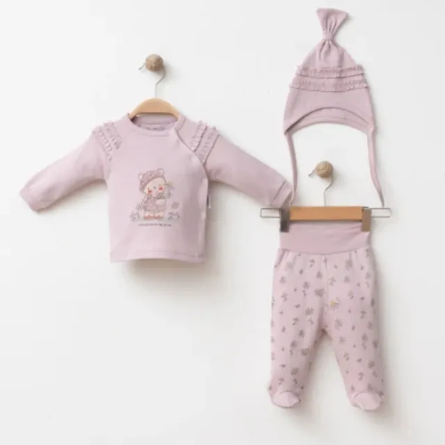 Gümüş Daisy and Teddy Bear Three-Piece Baby Outfit A5018