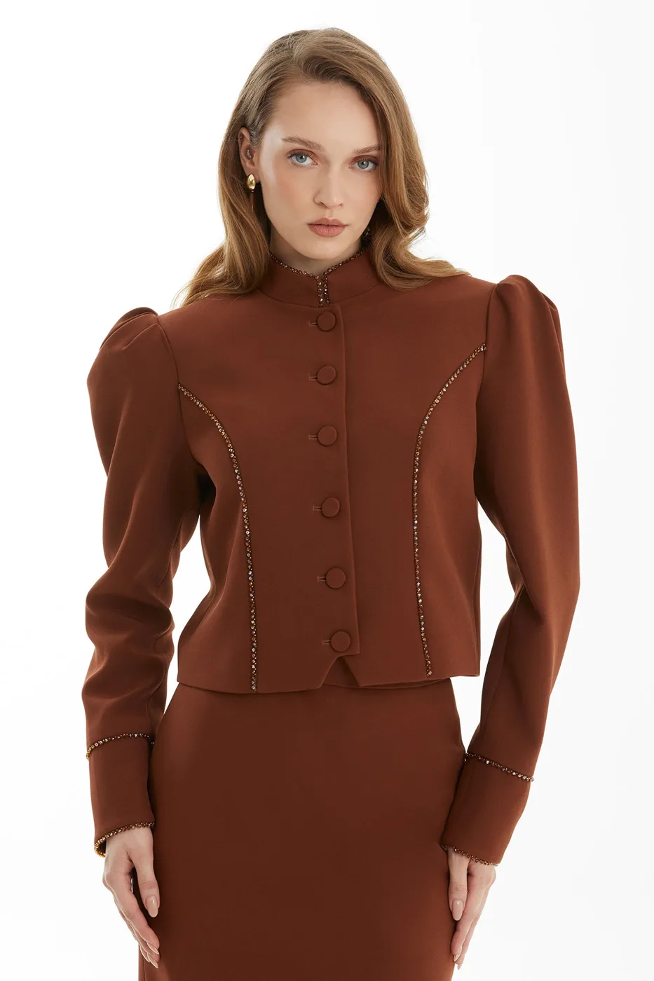 Brown Set With Padded-Shoulder Jacket And Skirt