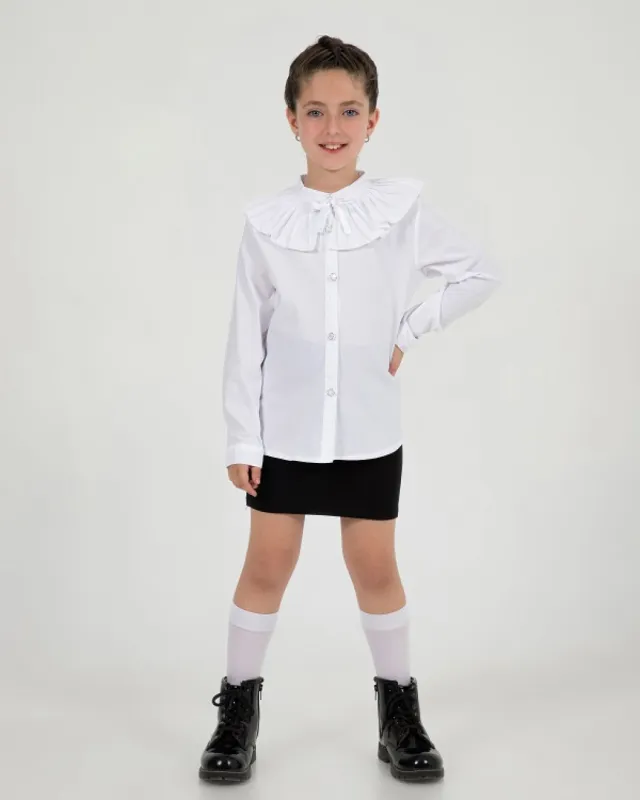 Büşra Bebe Girls’ White Pleated-Collar School Shirt 24218