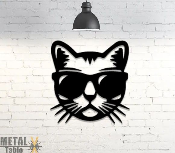 Cat with glasses laser-cut metal wall art