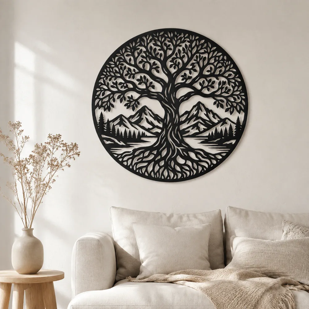 Tree and Mountain Circle Metal Wall Art