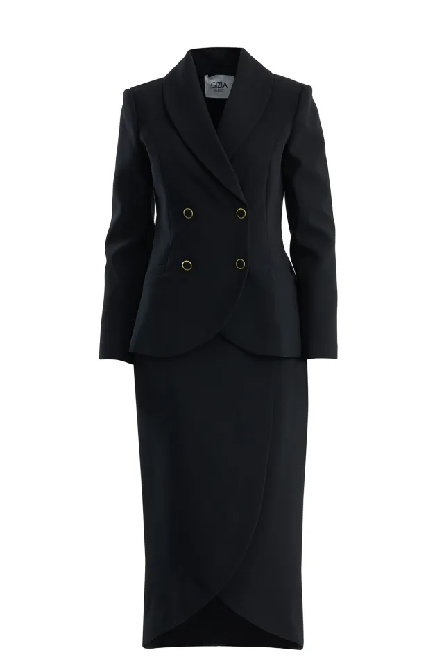 Double-Breasted Jacket and Asymmetric Skirt Black Set