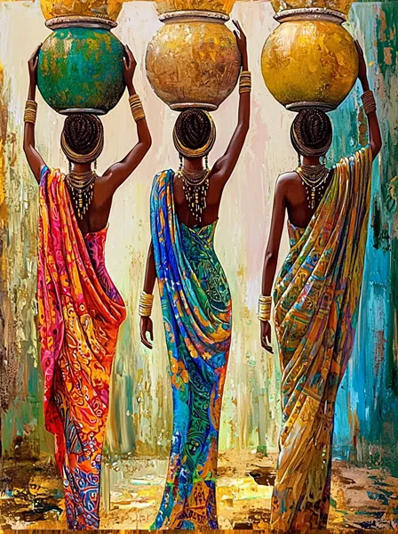 Yagli Boya Afrika Kadinlari Etnik Yesil Altin Canvas Tablo canvas wall art