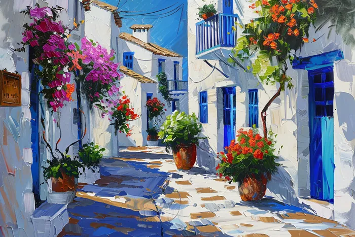 Yagli Boya Akdeniz Sokaklari Mor Begonviller Canvas Tablo canvas wall art