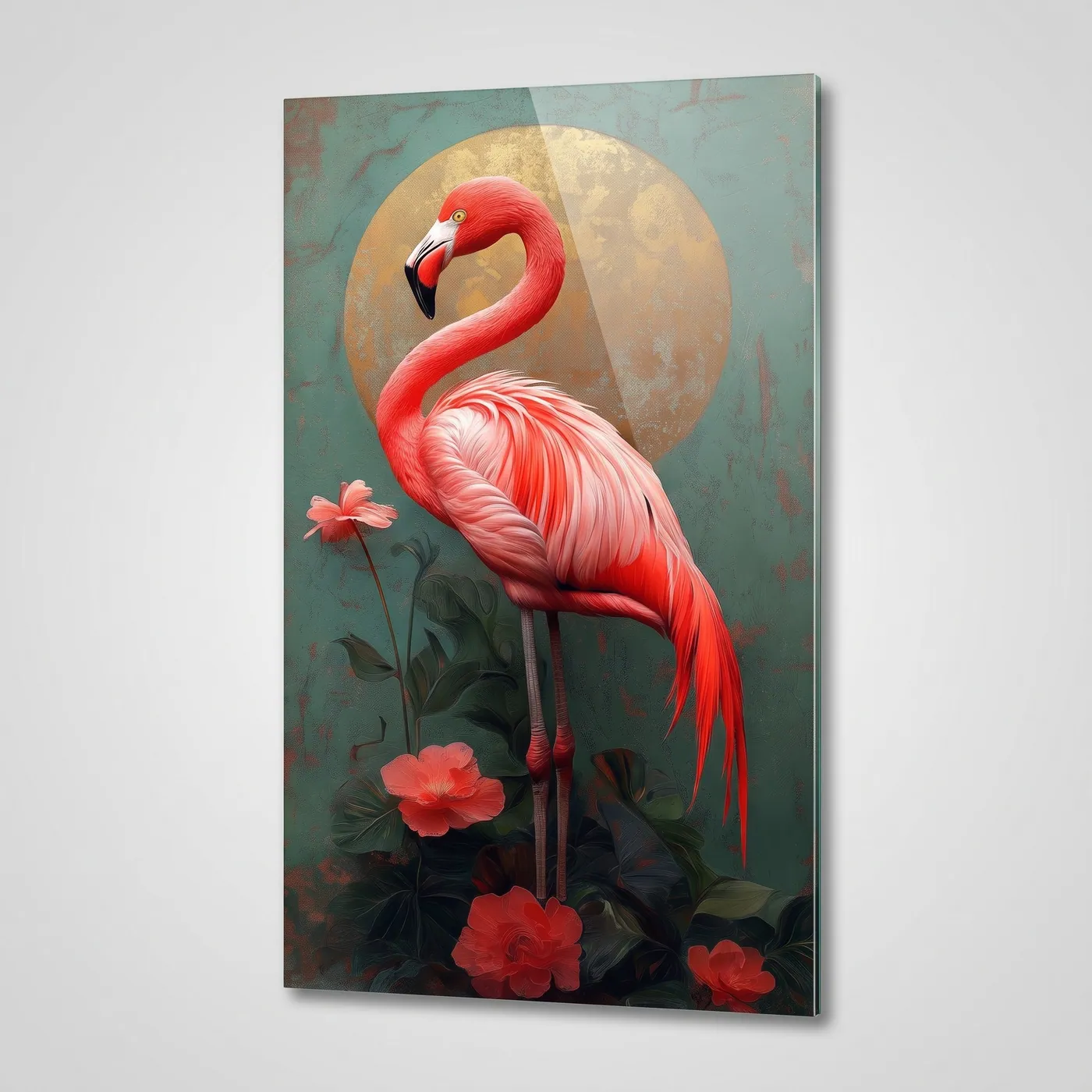 Zarif Flamingo ve Altin Daire Dikey glass wall art