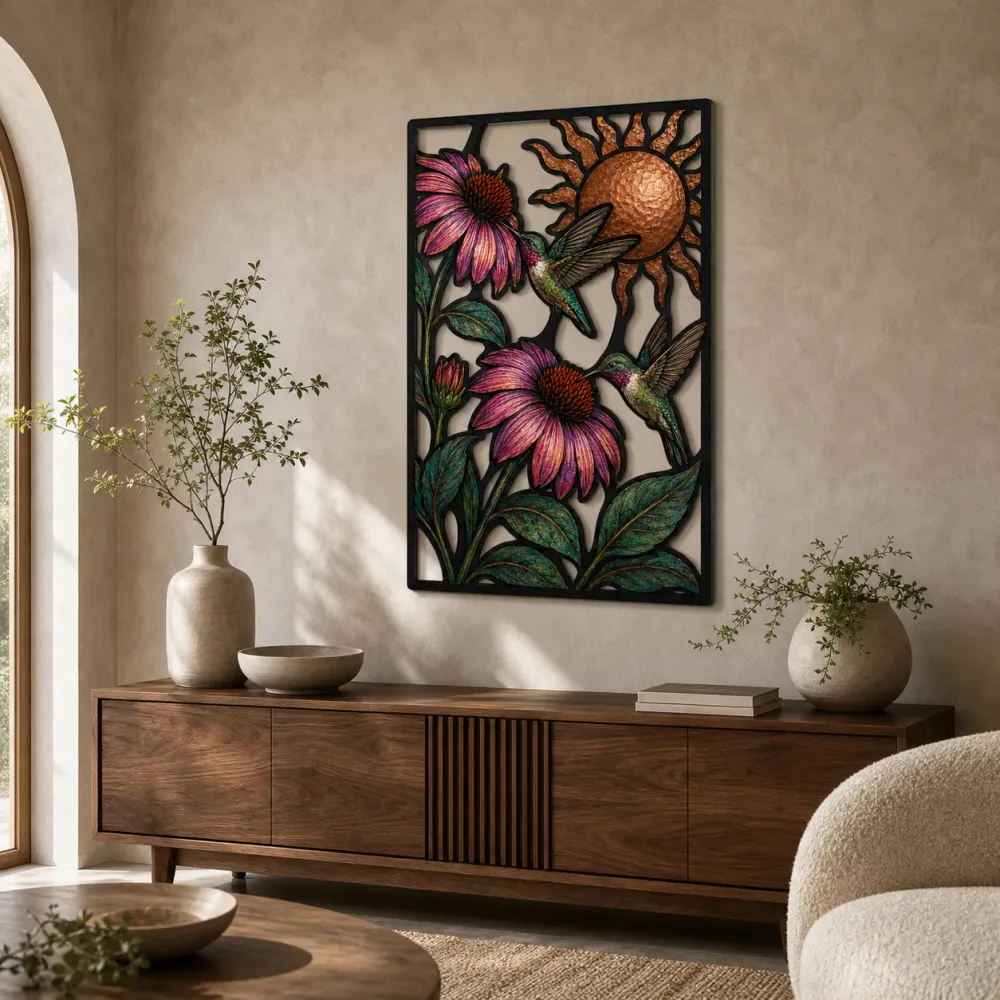 Hummingbirds with Purple Coneflowers and Copper Sun Colorful Metal Wal