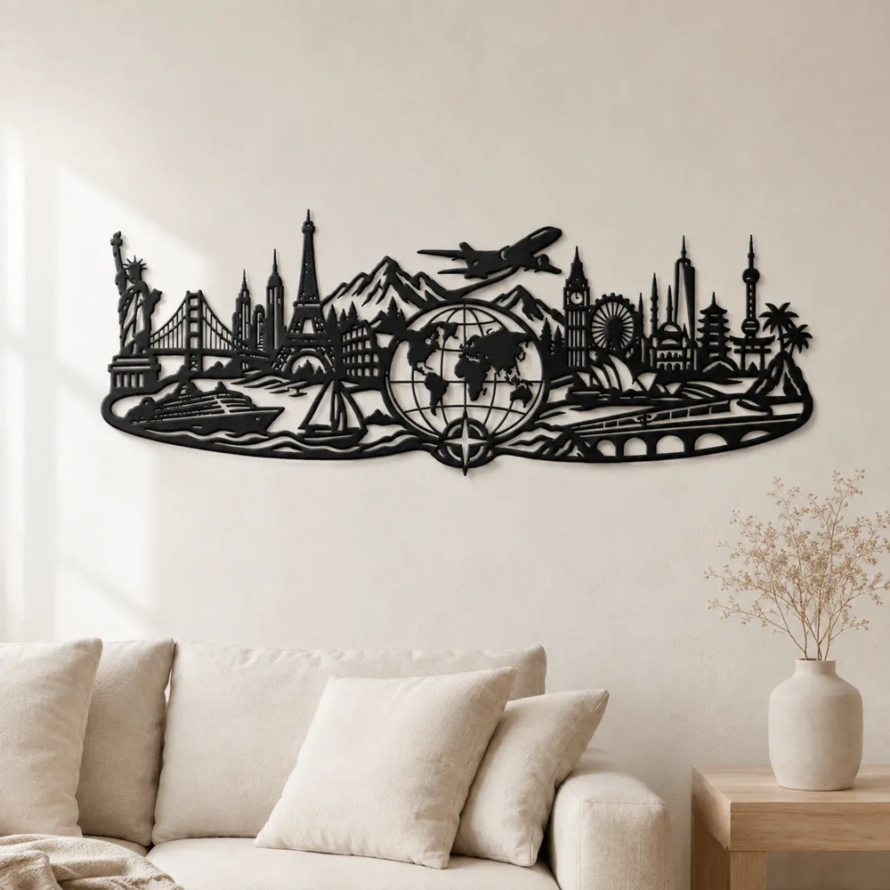 World Map Travel Line Metal Wall Art