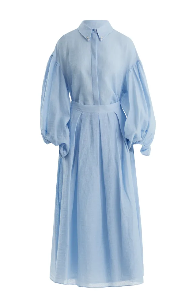 Embroidered-Collar Shirt and Pleated-Skirt Blue Set