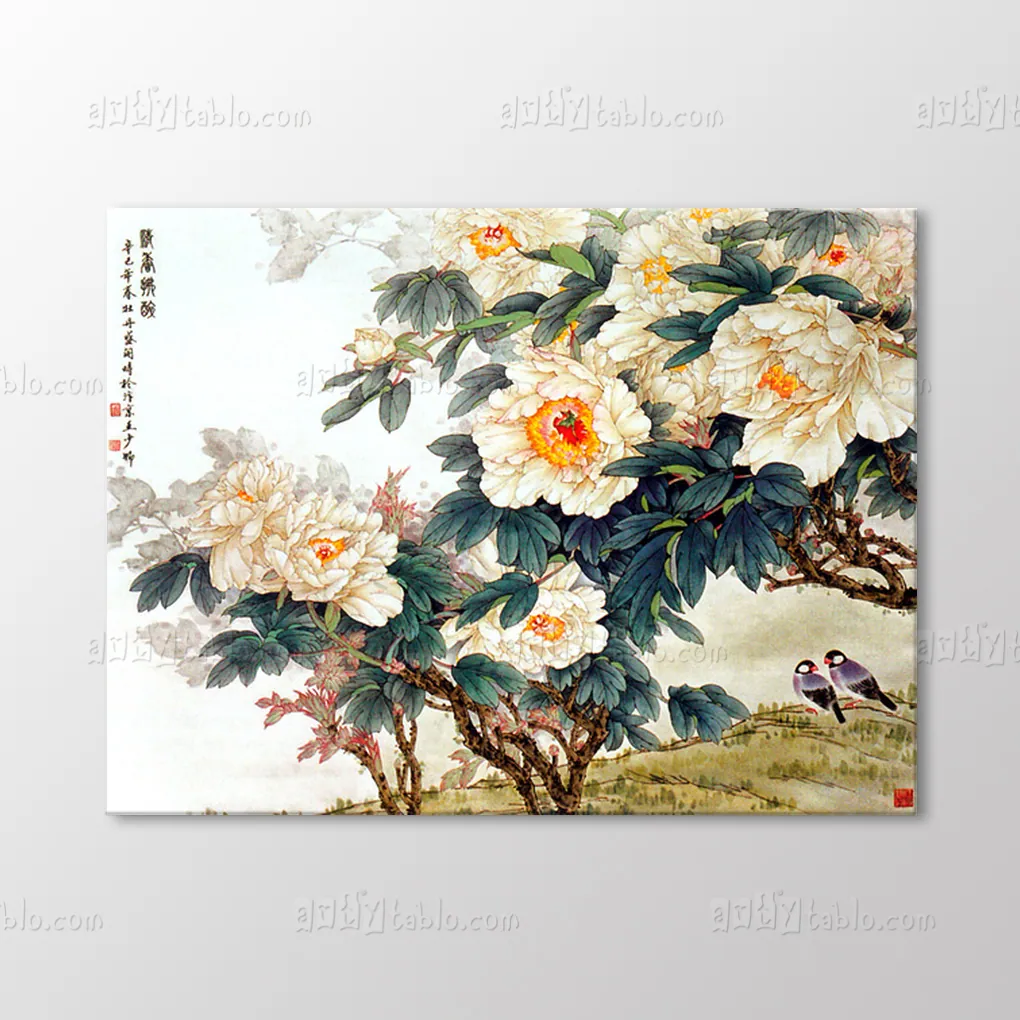 White peony and birds canvas wall art