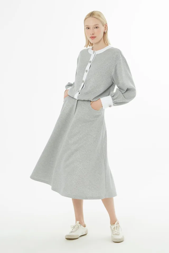 Crew-Neck Jacket and Flounced Midi Skirt Set