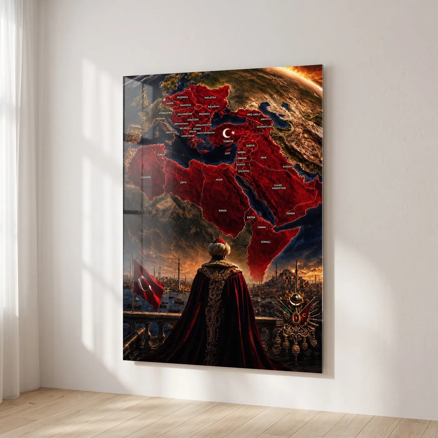 World map and sultan vertical glass wall art