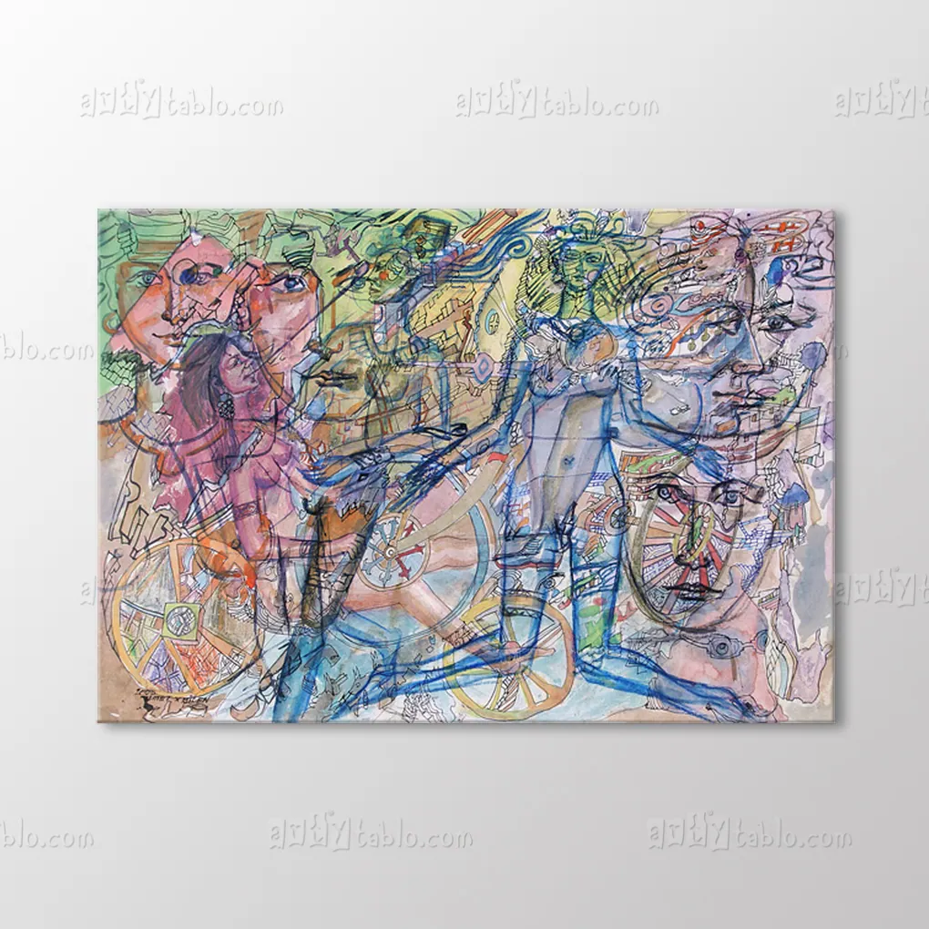 Suluboya Tekerlek Ve Figurler Soyut Tablo canvas wall art