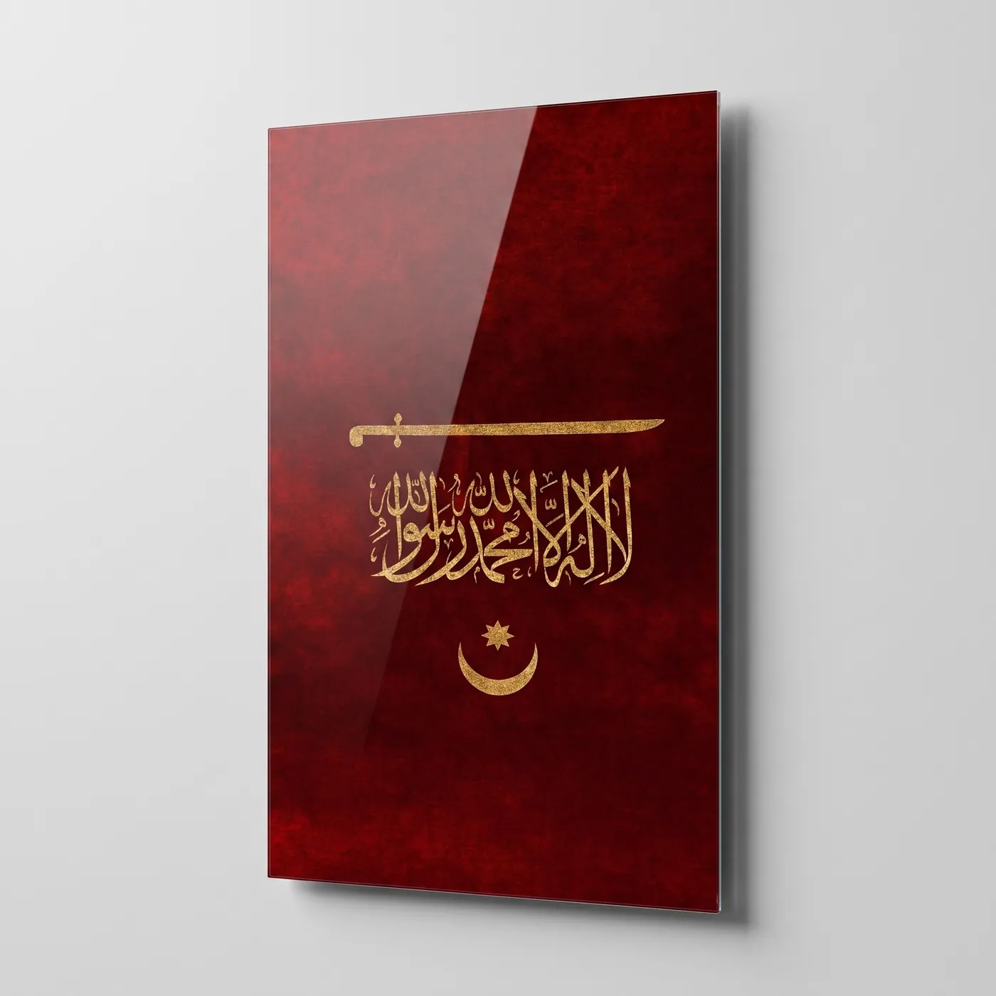 Altin Kaligrafi Kilic Ay Yildiz Dikey glass wall art