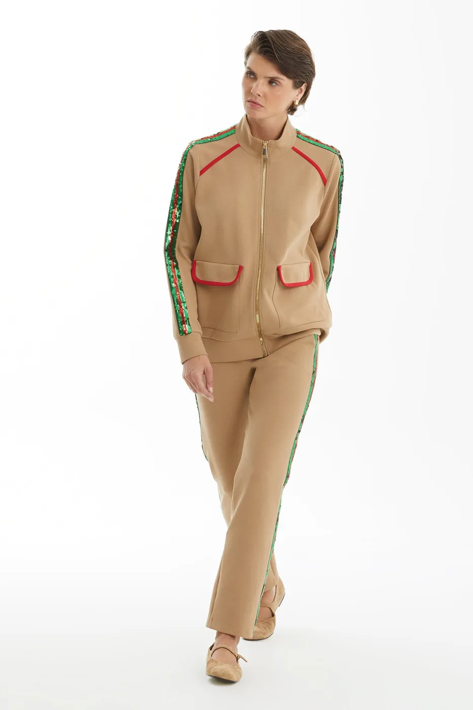 Beige Tracksuit Set With Stripe And Piping Detail