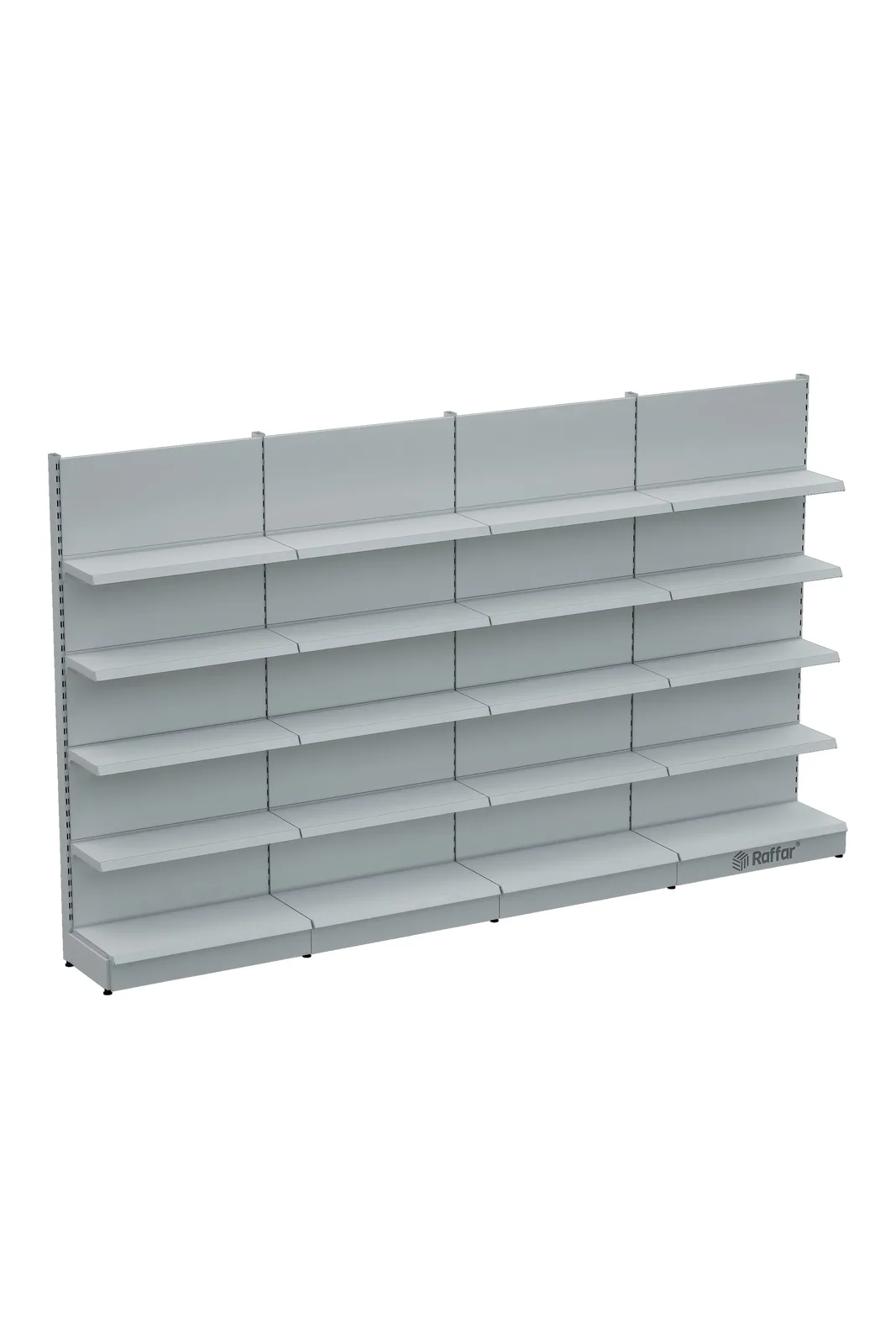 رف حائط سوبرماركت بقاعدة – 5 طوابق أبيض، 4 وحدات – W360 × H220 × D30/40 cm
