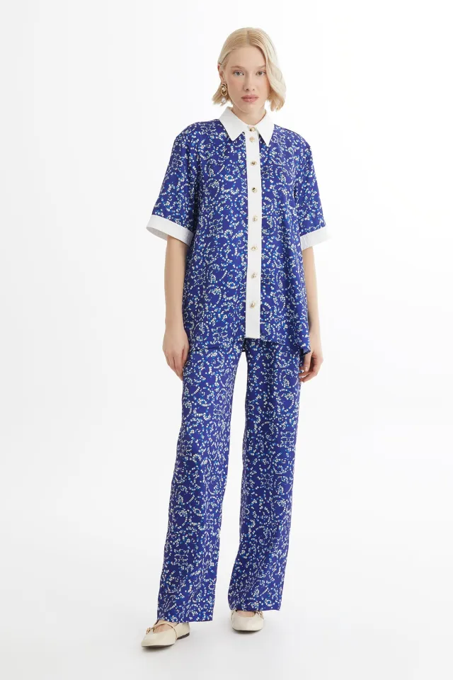 Blue Patterned Set with Elasticated Waist