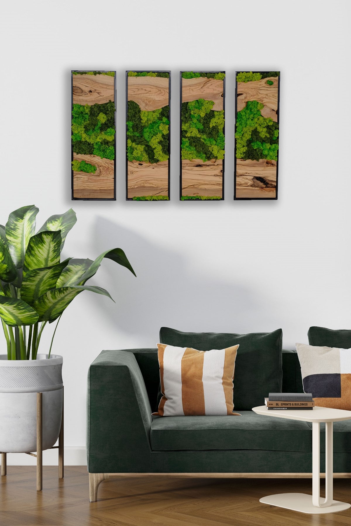 Olive Wood Wall Panel with Moss and Metal Frame - Silva Island