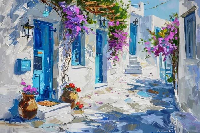 Yagli Boya Mor Sardunyali Ege Sokagi Canvas Tablo canvas wall art