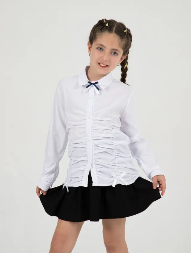 Büşra Bebe Girls’ White Front-Ruched School Shirt 24216