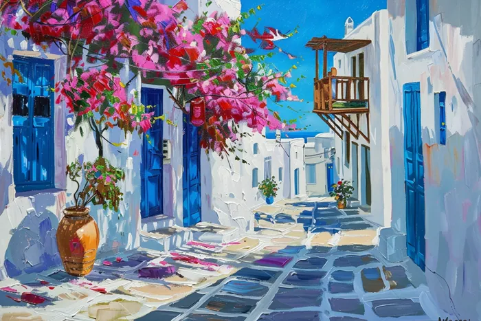 Yagli Boya Santorini Sokaklarinda Begonvil Esintisi Canvas Tablo canvas wall art