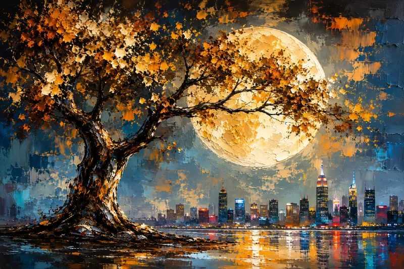 Moon and city oil-style canvas wall art